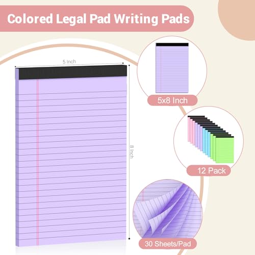 Image of Legal Pads 5x8 Colored Note Pads, 12 Pack College Ruled Notepads 5x8 Lined Paper, Colored Notebook Paper Writing Pads 30 Sheets per Colored Paper Small Legal Pads 5x8 for Home Office School Supplies