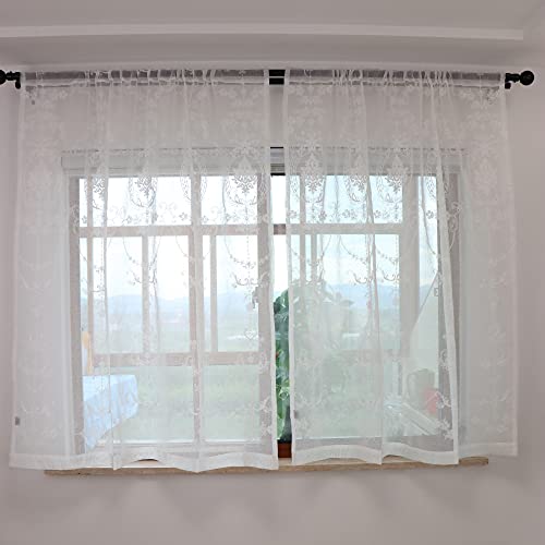 Slow Soul Set Of 2 Panels Linen Texture Cotton Embroidered Sheer Curtains For Bedroom Living Room Window Treatments Farmhouse European Fancy Lace Curtain Rod Pocket White 54W X 63 Inch Length #TOP1