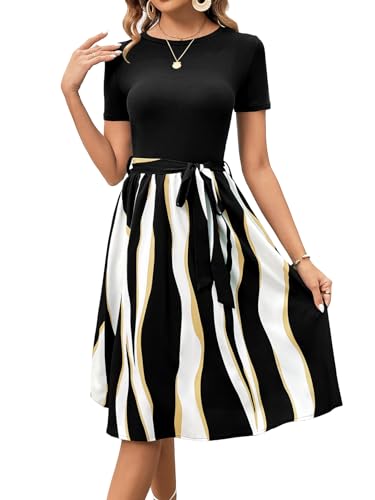 Women's Elegant Vintage Round Neck Short Sleeve Summer Casual Work Party A-Line Dress with Belt 809