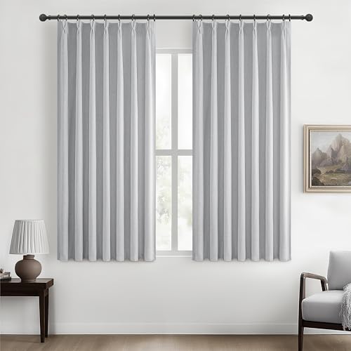 Image of Light Grey Black Out 54 Inches Long Boho Small Curtains 2 Panels Set, Farmhouse Short Curtain for Bedroom /Bathroom /Kitchen Thermal Insulated Flax Linen Pinch Pleated Bay Window Drapes Gray (40 inchWx54 inchL)