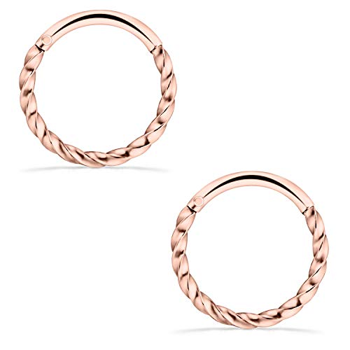 Scerring 2Pcs 16G Stainless Steel Hinged Clicker Segment Septum Nose Lip Ring Hoop Cartilage Tragus Sleeper Earrings Body Piercing Jewelry Braided 10Mm Rose Gold #TOP2