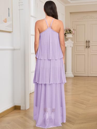 Image of AISWI Maternity Halter Neck Maxi Dress Sparkly Mesh Tiered Ruffle Pregnancy Gown with Flower for Baby Shower Photoshoot