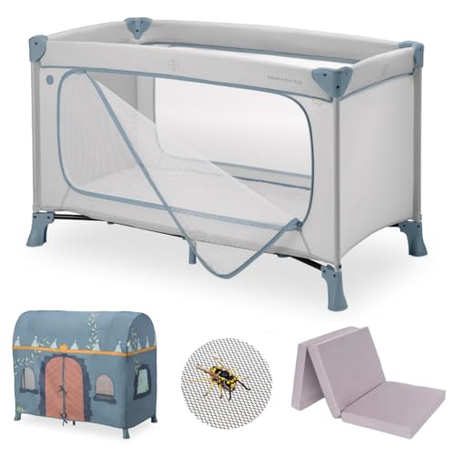 hauck Dream N Play Plus Cuna de Viaje Bebé con Pack de Accesorios XXL - Parque Infantil con Colchón Carpa de Juegos y Mosquitera - Plegable y Compacta - Bolsa Incluida - Entrada Grande - Azul