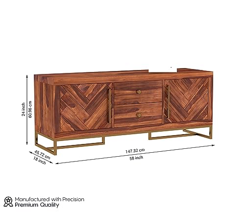 Image of Premium Solid Sheesham Wood TV Unit with 2 Drawers, 4 Shelves, and 2-Door Storage - Accommodates up to 55-Inch TV - Ideal for Living Room (Zane, Honey Finish)