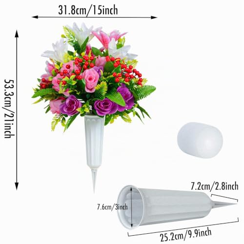 Flores artificiales cementerio con lirios artificiales y jarrón decorativo para lápida, 2 sets 3