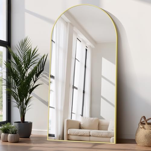 COFENY Espejo de Pie Cuerpo Entero Curvado 206 x 104 cm, Espejos Grandes de Pared con Marco de Aluminio, Espejo de Pie Inclinado o Colgante para Salón, Dormitorio, Entrada, Dorado