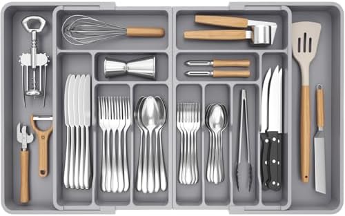 Lifewit Große Besteckkasten für Schubladen, Einstellbar Breite 54,1-91,4 cm | Tiefe 43 cm, 11-13 Fächern, Abnehmbarer Kunststoff Schubladen Organizer Küchen für Messer Gabel Löffel