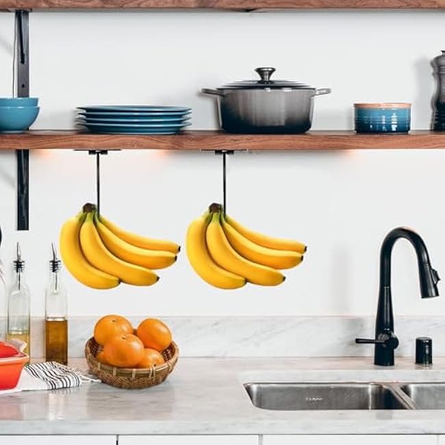 Banana Holder,Banana Hook Under Cabinet,Foldable Banana Hanger for Keep Bananas Fresh(3-Pcs Black).
