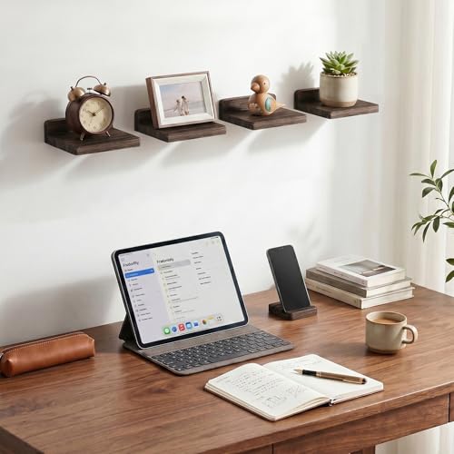 Image of Fixwal Small Floating Shelves for Wall (Dark Carbonized, Set of 4, 5Inch) | Rustic wood shelf for displaying mini frames, plants, collectibles. Fits bedroom, living room, bathroom, kitchen, or office.