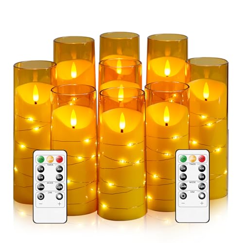 Eebuss Flameless Candles with Embedded Star String, Battery Operated LED Pillar Candles with Timer and Remote Control,Home Decorating for Ambiance， Set of 9 (Gold)