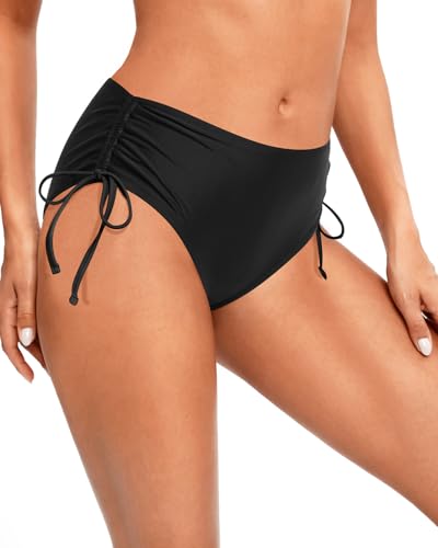 Zmart Women Full Coverage Bikini Bottom Adjustable Side Tie Swim Bottom with Side Ruched Mid Rise Bathing Swimsuit Black L - Thumbnail 5