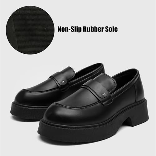 Men's Retro Leather Platform Chunky Heel Loafers with Arch Support Casual Round Toe Thick Sole Heightening Slip-On Formal Dress Penny Shoes for Party Wedding Business Daily4