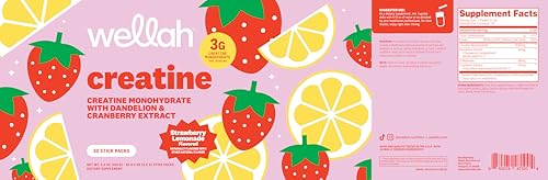 Image of Wellah Creatine for Women (Strawberry Lemonade) 30 Stick Packs - 3g of Creatine Monohydrate with Dandelion & Cranberry Extract, to-Go Packets