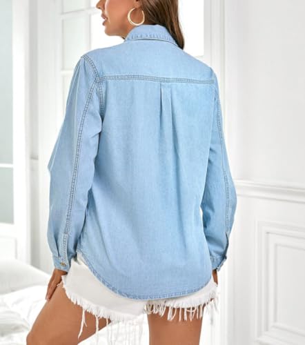 Denim Shirt Women Button Down Long Sleeve Chambray Western Jean Shirts Collared Casual Denim Tops3