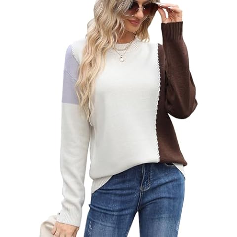 Cogild Womens Color Block Sweaters Casual Crewneck Long Sleeve Knit Pullover Sweatshirt Cover