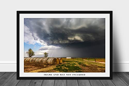 Storm Photography Print (Not Framed) Picture Of Thunderstorm With Lighting Strike Over Round Hay Bales On Spring Day In Oklahoma Farm Wall Art Weather Decor (40" X 60") #TOP2