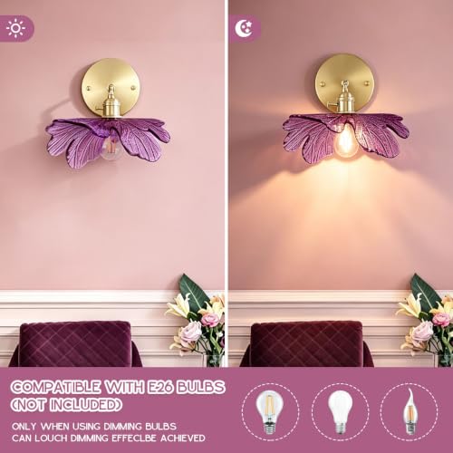 Image of 2-Light Bathroom Vanity Lights Purple Flower Glass Shade, Brushed Gold Brass Wall Sconce Over Mirror Vintage Vanity Wall Light, Mid Century Wall Lighting Farmhouse Bedroom Doorway