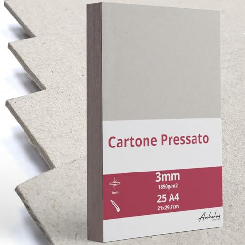 25 A4 Cartone Pressato 3mm di spessore - formato 21x29,7cm - Cartoncino per rilegatura A4 da 1850gsm/m2 - Cartone vegetale rigido per Modellismo, Scrapbooking, Artigianato e Copertine per rilegature