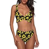 KIKICHUA Sunflower Flower Floral Black Bikini Set for Women Two Piece Swimsuit Print Sexy High Waisted Swimwear V Neck Cheeky Bathing Suit