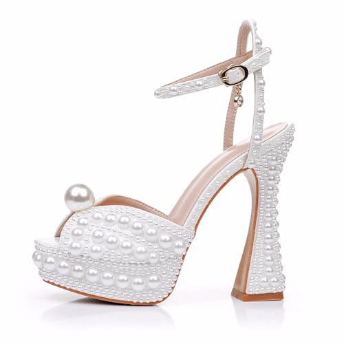 Crystal Queen 13CM Block Heel Paltform Sandals Chunky Heels Pretty Lolita Shoes Princess Round Toe Pumps Mary Jane Evening Party White Pearls Wedding Bride Shoes4