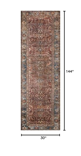 Loloi Layla Collection LAY-01 Brick/Blue 2'-6" x 12'-0" .13" Thick Runner Rug, Soft, Durable, Vintage Inspired, Distressed, Low Pile, Non-Shedding, Easy Clean, Printed, Living Room Rug