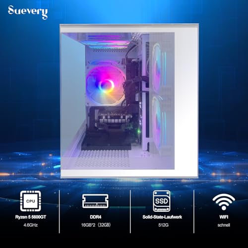 suevery Gaming PC Ryzen 5 5600GT (6 Kerne 12 Threads, bis 4.6GHz) Desktop Computer Tower 16GB RAM | 512GB NVMe SSD | WLAN | Win 11 | Prebuilt Gamer PC (Weiß)