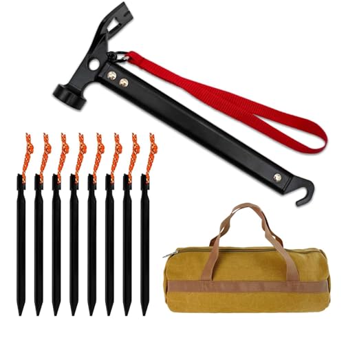8 Pack Tent Stakes Camping Accessories Kit and Camping Hammer with Canvas Storage Bag, for Outdoor Tent & tarp-Essential Accessories, Carbon Steel Aluminum Camping Hammer for Hiking Kit