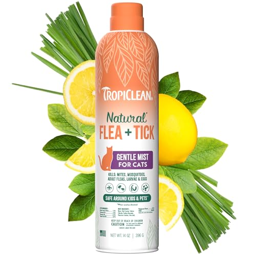 TropiClean Cat Flea and Tick Treatment Spray, Continuous Gentle Mist, Prevent & Control by Contact, Powerful & Natural Defense, Made in USA, 14oz