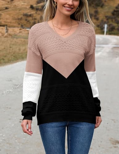 Image of Zeagoo Womens 2026 Fall Sweaters Casual Long Sleeve Ribbed Knit Pullover V Neck Lightweight Crochet Pullover Sweater Top