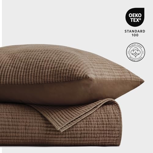 Image of EVERGRACEHOME Cotton Coverlet Set King Size 3 Pieces, Lightweight Soft Ribbed Matelasse Bedspread Quilt Set, Cozy Oversized Quilted Bedding Set with 2 Pillow Shams for All Seasons, Sienna Brown