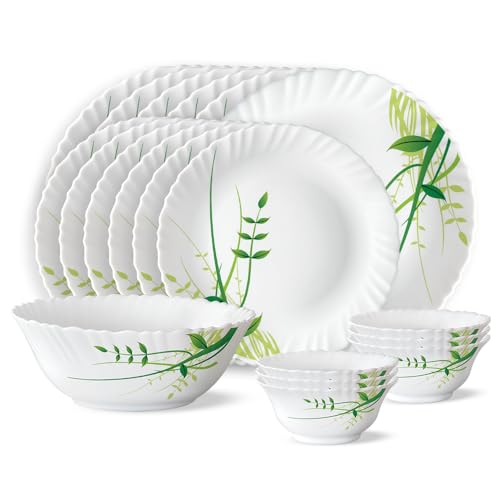 Larah By Borosil Herbs Opalware Dinner Set, 19-Pieces, White