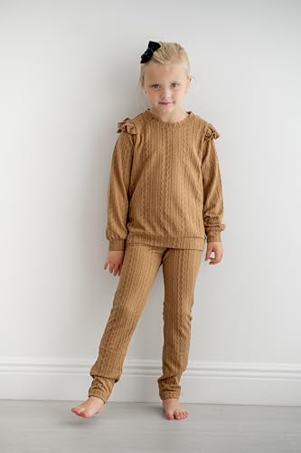 Image of Arshiner Toddler Girl 2Pcs Ribbed Knit Clothes Ruffle Trim Long-sleeve Pullover Sweatshirt and Leggings Fall Outfits 1-6T