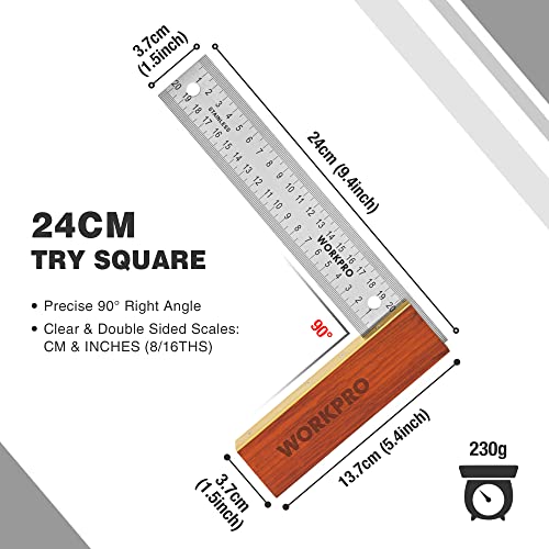 WORKPRO Schreinerwinkel, 2-teilig, Anschlagwinkel, 200 mm, verstellbare Gleitschräge 230 mm, Hartholzgriff, Edelstahlklinge für Handwerker, Holzbearbeitung