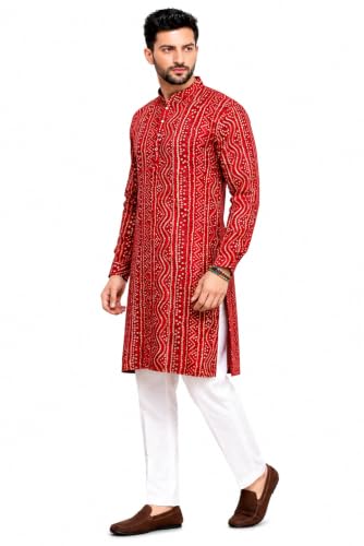 Image of Men's Bandhani Print Kurta with Mandarin Collar