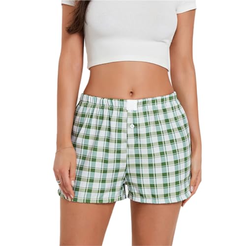 Image of Yuemengxuan Y2k Plaid Shorts Baggy Boxer Shorts for Women Elastic Waist Casual Lounge Bottom Gingham Pajama Shorts Sleepwear