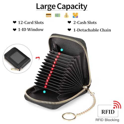 Image of SENDEFN Women's Card Holder RFID Blocking Leather Credit Card Case Wallet Zipper Keychain Purse with ID Window