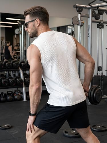 Image of GRECIILOOKS Sleeveless T Shirts for Men | Round Neck Textured Tshirt for Men in Premium Jacquard Knit | Gym Tank Top Mens Style with Stretch Comfort | Casual Streetwear Layering Tee