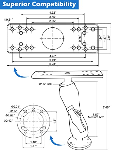 Windfrd 1.5" Ball Fish Finder Mount, Medium Arm Marine Electronic Mount, Universal Mounting Plate With 1.5 Inches / 38Mm / C Size Ball Adapters, Compatible With Garmin, Lowrance, Humminbird And More #TOP5