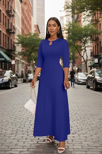Image of FANDEE Women's Maxi Dress Casual Boho Plain Long Dresses 3 /4 Sleeve with Pockets
