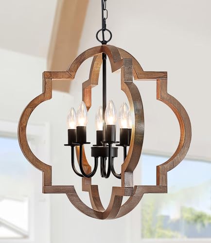Rviezza 21.65'' Farmhouse Wood Chandelier, 6-Light Rustic Dining Room Light Fixture, Orb Chandelier Light Adjustable Height, Wood Pendant Lighting for Kitchen Island Foyer Living Room Hallway