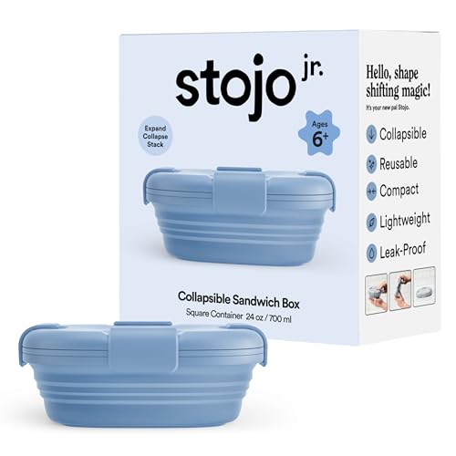 Image of STOJO Jr Collapsible Box for Kids - Steel Blue, 24oz - Leak-Proof Reusable Silicone Travel Bowl for Hot & Cold Food - For Home, On-The-Go Camping & Hiking - Microwave & Dishwasher Safe