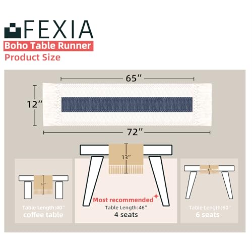 Image of FEXIA Boho Blue Table Runner 72 Inches Long with Tassels Macrame Farmhouse Style Party Rustic Wedding Baby Bridal Shower Dining Decor (12x72 Inches)