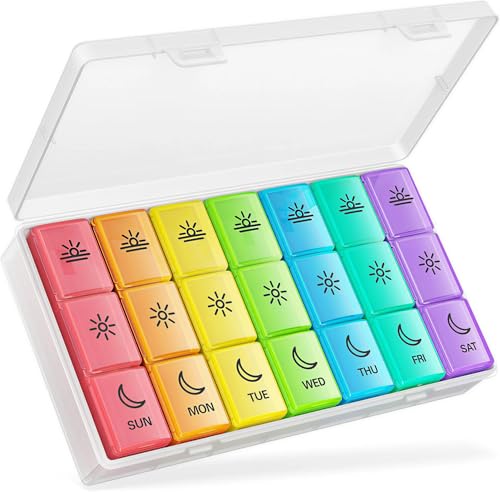 Image of BUG HULL Pill Organizer 3 Times a Day, Weekly Pill Organizer 3 Times a Day, 7 Day Pill Box Cases Morning Noon Evening, Medicine Pill Organizer for Vitamin, Cod-Liver Oil, Supplements (Rainbow White)
