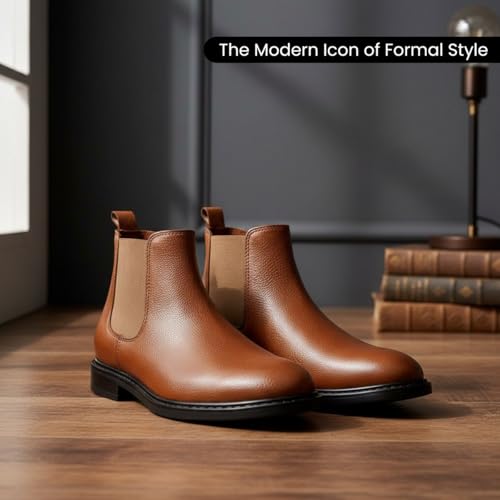 Image of CRACHERS Men's Classic Black Leather Chelsea Boots | Formal & Casual Slip-On Ankle Boots with Elastic Side Panel and Pull Tab | Durable & Stylish Lightweight Boots for Men