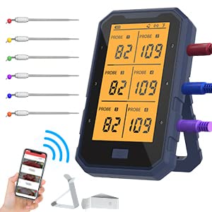 Bluetooth Meat Thermometer, 300FT Wireless Meat Thermometer for Grilling, Smart APP Control BBQ Thermometer, 6 Probes with Teflon Cable, Rechargeable Cooking Thermometer for Grill, Kitchen, Oven