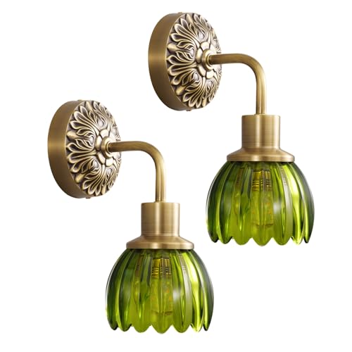Hemali Brass Indoor Hardwired Wall Sconces Set of 2 - Glass Shade, Modern Bedside Lighting for Bedroom, Vanity & Living Room