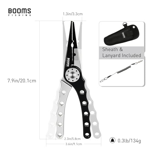 Image of Booms Fishing X1 Aluminum Fishing Pliers Saltwater, Surf Fishing Tackle Kit, Fishing Multitool Hook Remover Braided Fishing Line Cutting and Split Ring with Coiled Lanyard and Sheath
