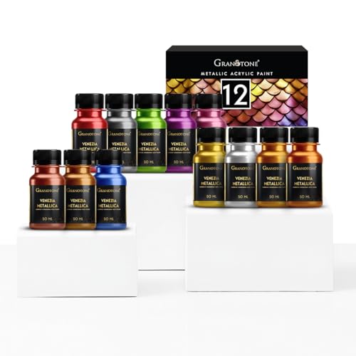 GRANOTONE Acrylic Venezia Metallic Colour | 12 Metallic Shades | 50 ml | Extra Sheen | Non Fading | Indoor/Outdoor | Non Toxic | Multi-Surface | Pro Artist, Hobby Painters & Kid | Made In India