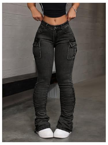 MakeMeChic Women's Cargo Skinny Jeans Stretchy Denim Pants Y2K High Waisted Bootcut Jeans with Pockets4