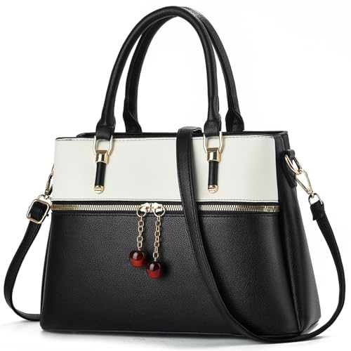 KURGOOL Dual-tone Purse Handbags for Women 3 Zip Compartments Tote Bag Trendy Leather Designer Shoulder Satchel Purses (Black & White)